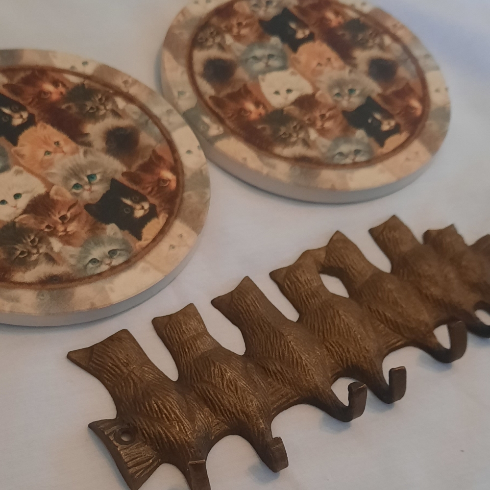 Cat Lover Set Coasters with Bunch of Cats Kitty Key Holder